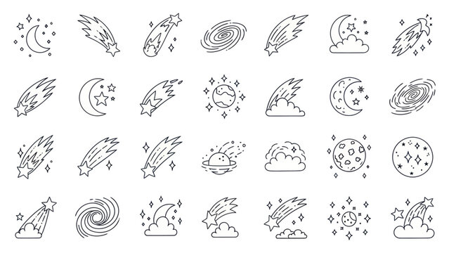 Cosmic Icons: Stars, Moon, Planets, Galaxies & Comets Line Art Set