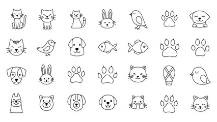 Fototapeta premium Cute Animal Icons: Cats, Dogs, Rabbits, Birds, Fish, Paw Prints - Simple Line Art