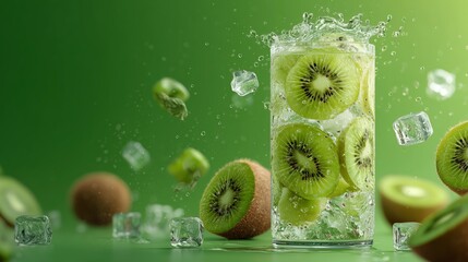 Obraz premium Vibrant kiwi drink splash close-up, ideal for healthy refreshment campaigns, vitamin branding, and social media