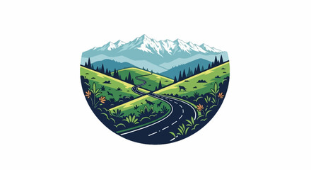 A winding road leads through rolling green hills toward snow-capped mountains under a blue sky