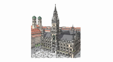 Obraz premium Ornate medieval town hall with tall spire and adjacent church with twin domes
