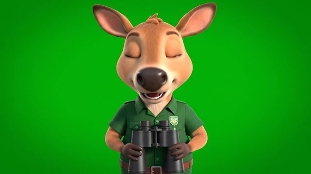 Kangaroo ranger smiling with binoculars in a green uniform against a green background