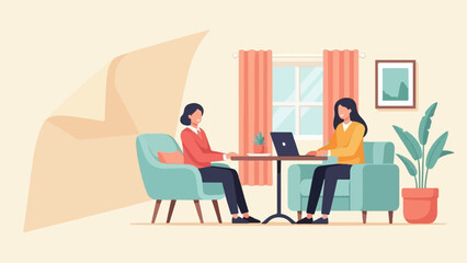 Fototapeta premium Two women in armchairs at a table with a laptop and plant