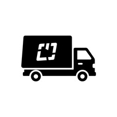 Vector illustration of a black delivery truck with a package return or damaged goods symbol, perfect for logistics, e-commerce, and shipping services icons, web design, apps.