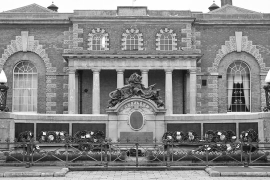 black and white memorial in front of Salisbury Guildhall, England 