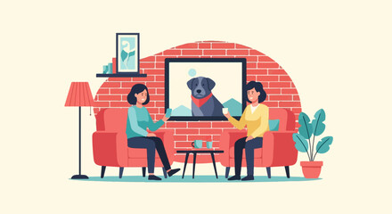 Fototapeta premium Two women chat over drinks while relaxing in comfortable armchairs in a cozy living room