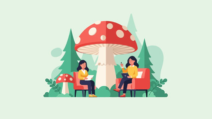 Naklejka premium Two women converse in a whimsical forest setting with a giant mushroom