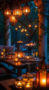 Traditional iftar dinner table setting with lanterns at evening