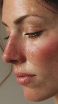 Closeup of a woman&rsquo;s face with rosacea and acne, highlighting natural skin texture and authentic beauty for skincare and cosmetic campaigns