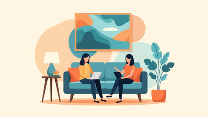Fototapeta premium Two women sit on a couch using laptops, with plants and abstract art