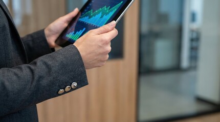 Obraz premium Business professional reviewing financial analytics on digital tablet with data visualization interface for dynamic performance monitoring and growth optimization in modern office environment