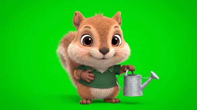 A cartoon chipmunk wearing a green shirt holds a watering can beside a vibrant green background.
