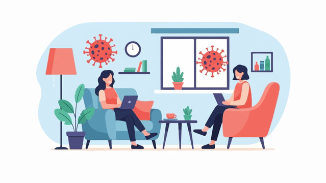 Two women in a living room using laptops with virus icons floating around