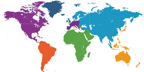 Obraz premium A colorful world map with continents divided into distinct regions by color