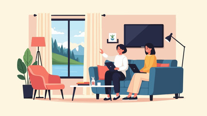 Fototapeta premium Two women work on laptops in a living room with a scenic view