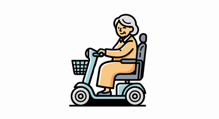 Elderly woman with gray hair riding a mobility scooter with a basket