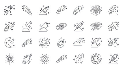 Collection of Meteor Shower and Galaxy Icons: Space, Stars, Comets, Moon, Planets © Kiki