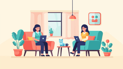 Fototapeta premium Two women work on laptops on sofas in a cozy room with plants