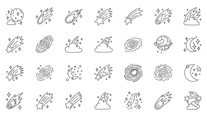 Cosmic Icons: Meteor Showers, Galaxies, Planets, Moon, Stars, Clouds - Line Art Set © Kiki