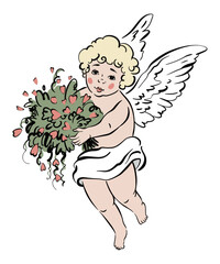 Cupid vector illustration in linear outline style. Flying cherub boy with bouquet of flowers, isolated element. Used for Valentines Day card, postcard, wedding invitation, graphic collection.
