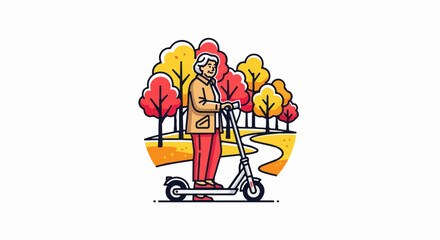 Elderly person on an electric scooter in an autumn park with colorful trees and winding path