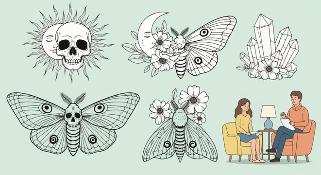 Whimsical celestial and nature-inspired illustrations with two people in a counseling session