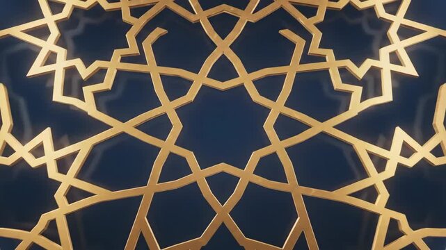 A festive Ramadan background with intricate gold patterns on a dark blue surface