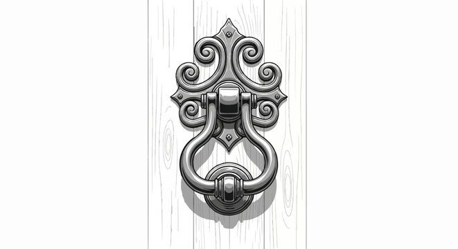 Detailed illustration of an ornate, metal door knocker on a textured wooden door