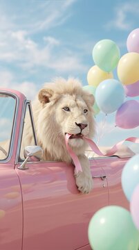 Lion with pastel balloons, lounging in a pink convertible car, exuding a whimsical vibe, capturing the essence of surreal silliness and playful imagination