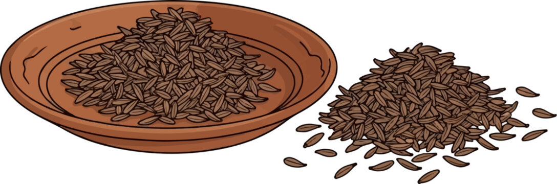 A brown ceramic bowl holds a mound of cumin seeds next to a pile scattered on a white background