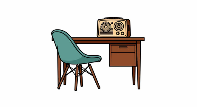 A vintage radio sits atop a wooden desk with a teal chair beside it