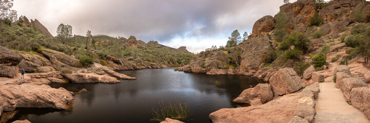 Panorama Of The Dark Water In The Bear Gulch Reservoir In Pinnacles