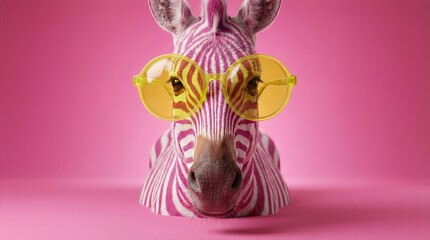 Fototapeta premium Pink zebra wearing oversized yellow sunglasses poses playfully against a vibrant pink background, embodying a whimsical and surreal concept of playful silliness