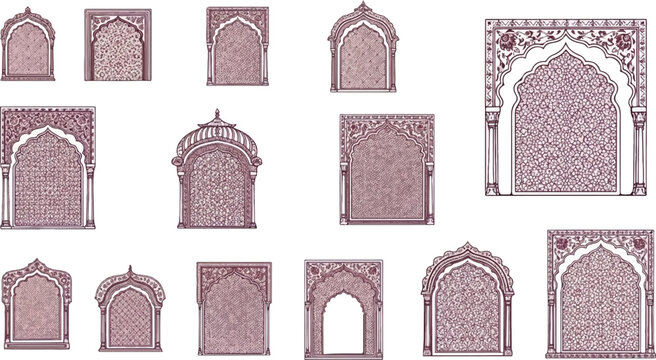 Intricate Islamic archways with floral patterns and textured panels