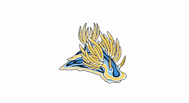 Detailed illustration of a blue and yellow nudibranch with feathery appendages