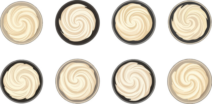Eight abstract swirls of creamy white filling in round bowls, some with dark borders