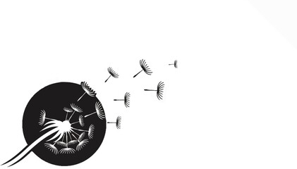 A black circle contains a dandelion with seeds blowing away