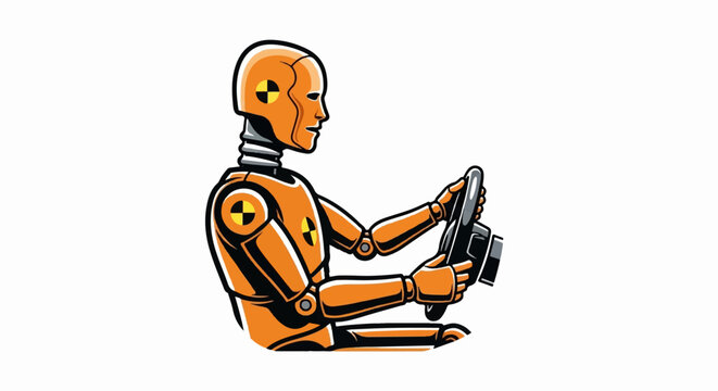 Orange safety dummy in black outline gripping a steering wheel, black background