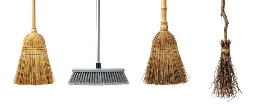 Four different types of brooms for various cleaning tasks and decorative purposes are neatly displayed, showcasing their unique designs.