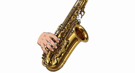 Fototapeta premium Hand playing a brass saxophone instrument with detailed keys and bell