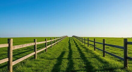 Fototapeta premium Rustic wooden fence line stretching across lush green pasture under a bright blue summer sky, symbolizing boundary and nature outdoors, wide, summer, posts