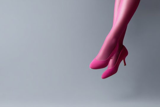 Fashion concept female legs in pink tights and high heel sandals lifted in air, minimal grey studio background