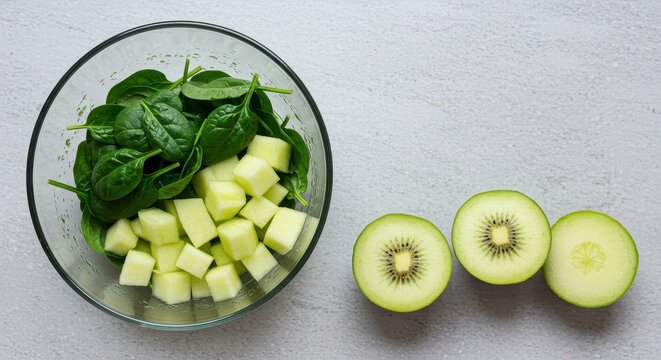 Preparazione di centrifugato verde salutare e rinfrescante. Miscela di frutta biologica, spinaci, zenzero e mela per un benessere naturale, organic, green, glass