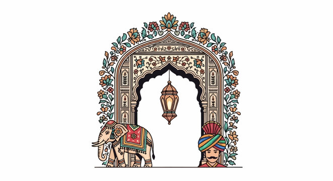 Ornate archway with elephant, man, and lamp, adorned with floral motifs