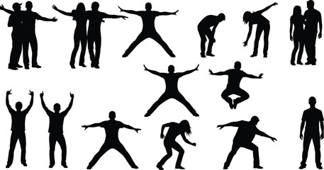 Large set of diverse people silhouettes in various active poses jumping dancing standing and celebrating success for community and lifestyle