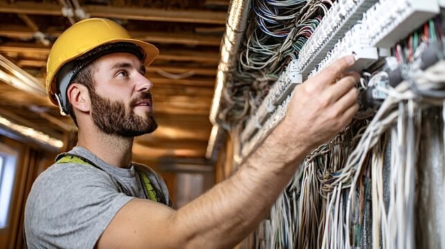 Electrician in hard hat and workwear checking and installing complex wiring in a large electrical control panel, ensuring professional service during construction or maintenance work