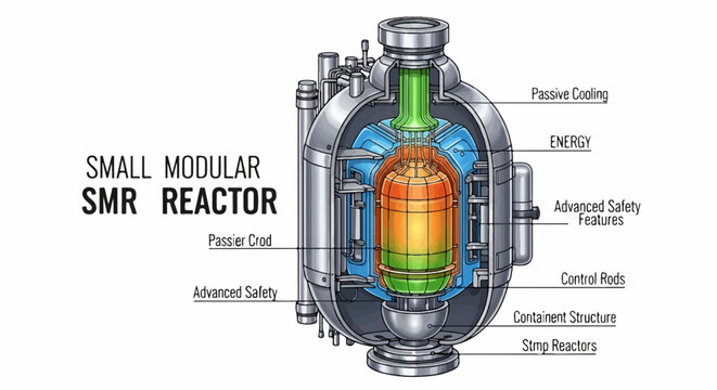 Cutaway illustration of a small modular reactor with labeled components and functions