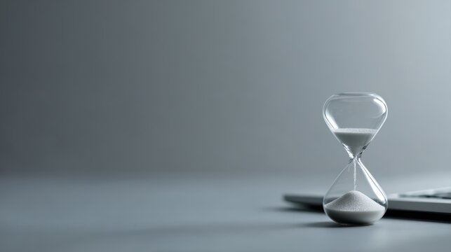 Hourglass placed on laptop computer, modern time management concept