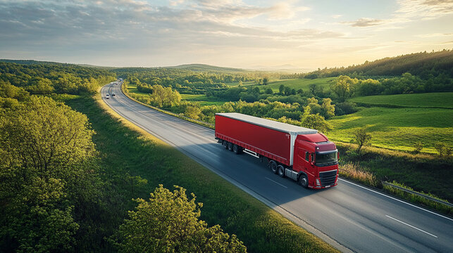 A red semi-truck moving through a lush rural landscape, long highway stretching into the distance, minimal traffic, clean commercial realism
