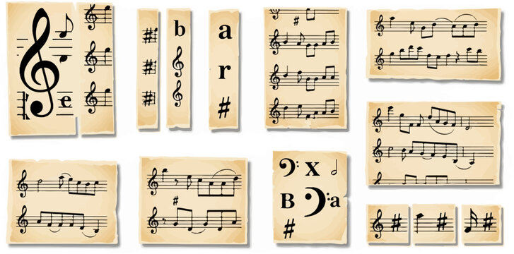 A collection of weathered musical sheets featuring notes, staffs, clefs, and symbols